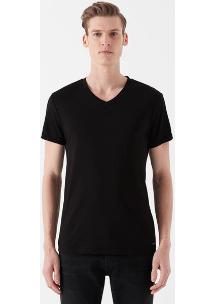 Erkek V Yaka Streç Siyah Basic Tişört 061748-900
