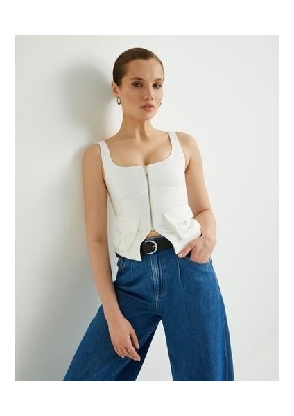 Fermuarlı Yelek Kare Yaka Kargo Cepli