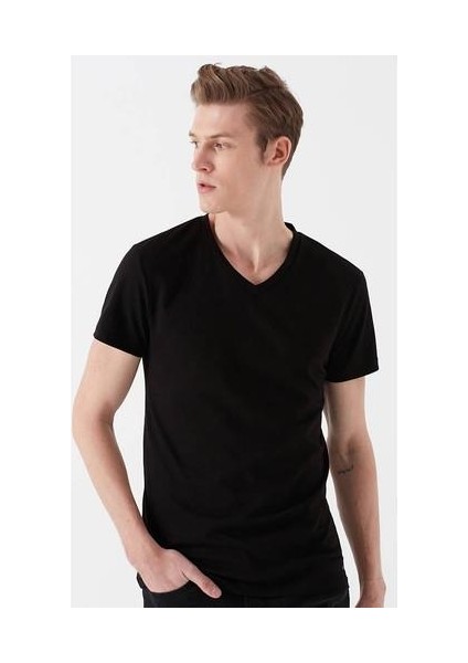 Erkek V Yaka Streç Siyah Basic Tişört 061748-900
