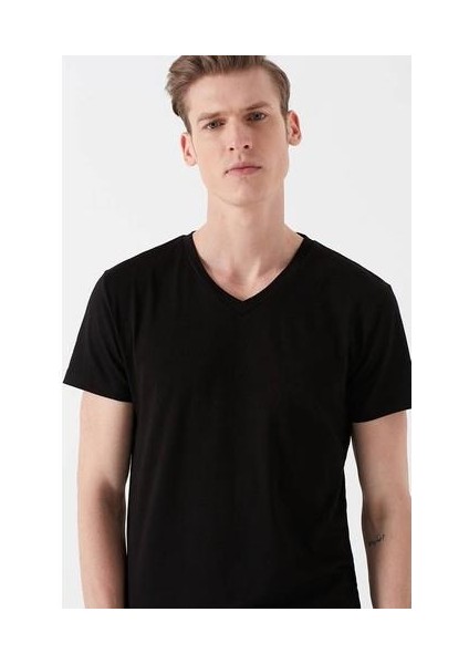 Erkek V Yaka Streç Siyah Basic Tişört 061748-900