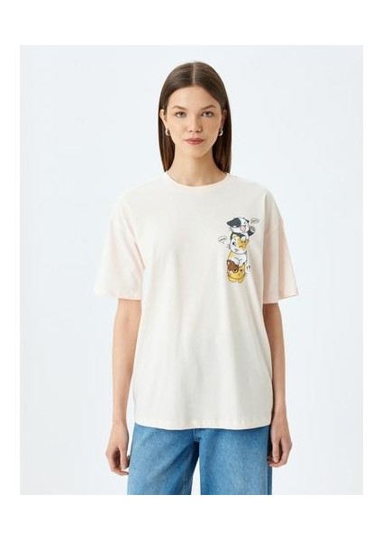 Kedi Baskılı Bisiklet Yaka Kısa Kollu Rahat Kalıp Tişört