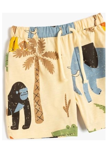 Pamuklu Hayvanlar Baskılı Beli Bağcıklı Şort