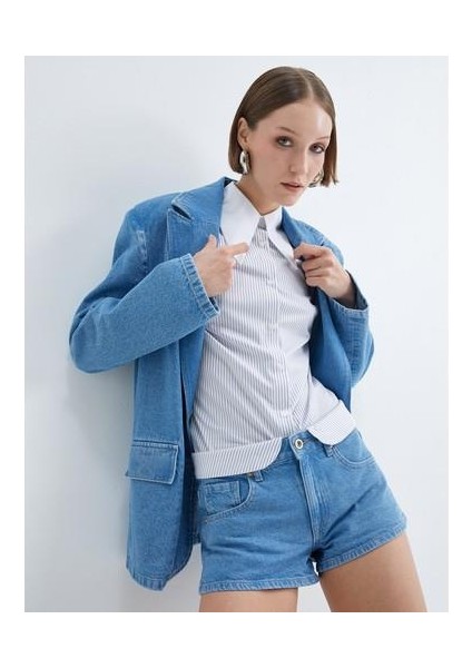 Mini Kot Şort Beli Katlamalı Farklı Kumaş Detaylı Esnek Pamuklu Cepli