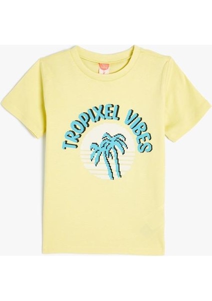 Tişört Tropik Baskılı Kısa Kollu Bisiklet Yaka Pamuklu fırsatları