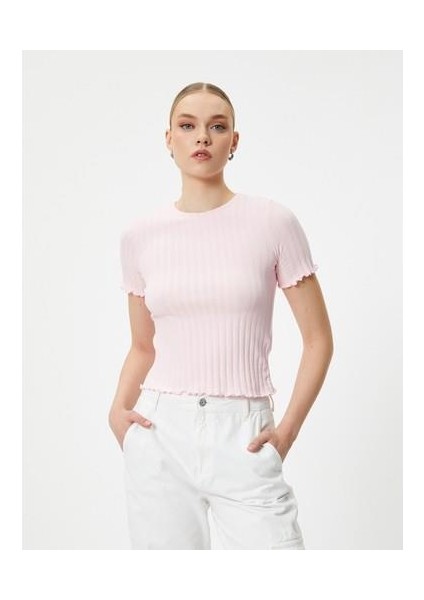 Crop Tişört Kısa Kollu Bisiklet Yaka Dokulu Pamuklu