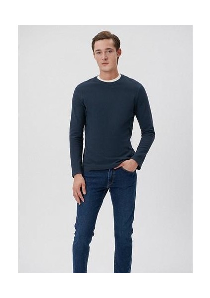 Uzun Kollu Dokulu Lacivert Tişört 064622-26828