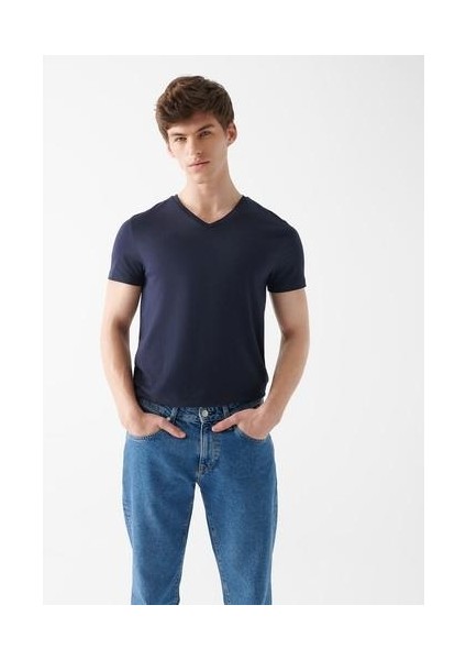Stretch V Yaka Lacivert Basic Tişört 061748-17588