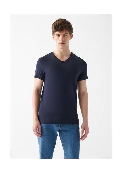 Stretch V Yaka Lacivert Basic Tişört 061748-17588