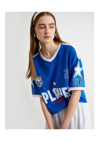 Forma Tişört V Yaka Kısa Kollu Renk Bloklu Baskılı