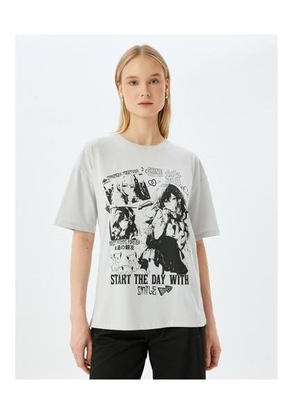 Anime Baskılı Oversize Bisiklet Yaka Kısa Kollu Tişört