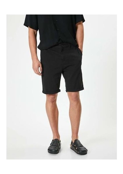 Kumaş Şort Bermuda Slim Fit Düğmeli Cepli Katlı Paça - Koton - 4SAM40064HW - Siyah - 38