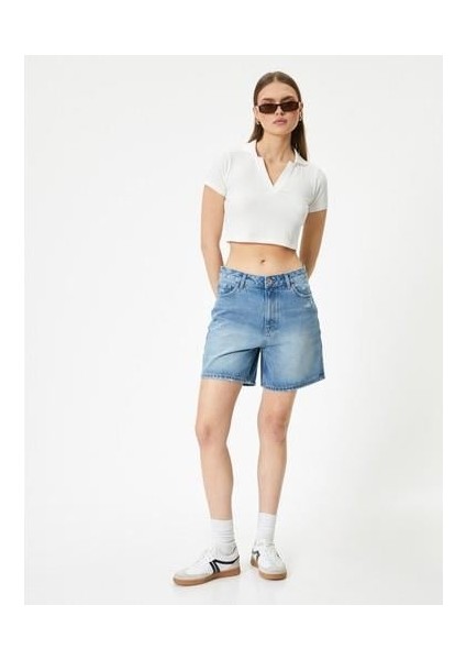 Kot Şort Yüksek Bel Cepli Rahat Kalıp