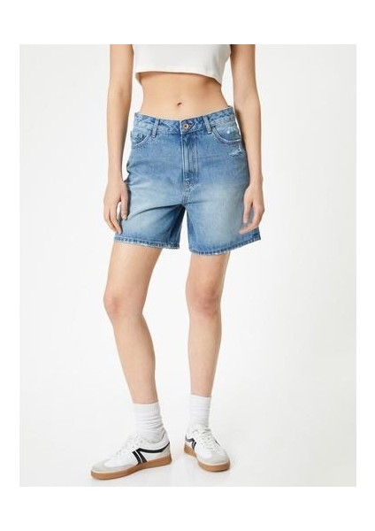 Kot Şort Yüksek Bel Cepli Rahat Kalıp