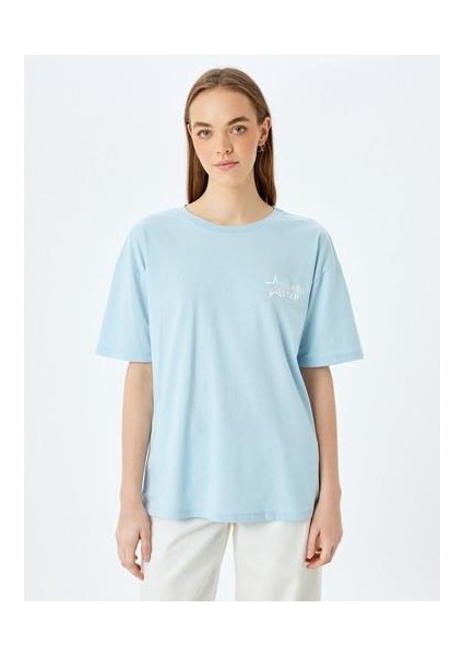 Arkası Baskılı Oversize Bisiklet Yaka Kısa Kollu Tişört