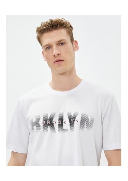 Slogan Baskılı Tişört Bisiklet Yaka Kısa Kollu Pamuklu