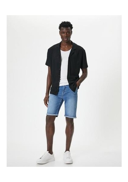 Slim Fit Kot Şort Bermuda Düğmeli Cep Detaylı