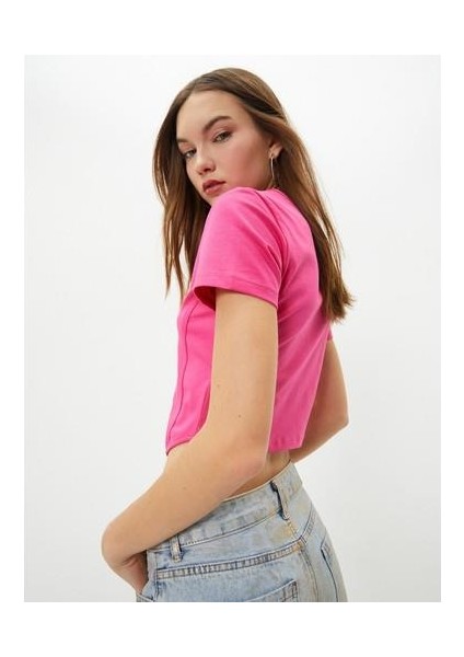 Crop Tişört Korse Görünümlü Dar Kalıp Kısa Kollu U Yaka Pamuklu