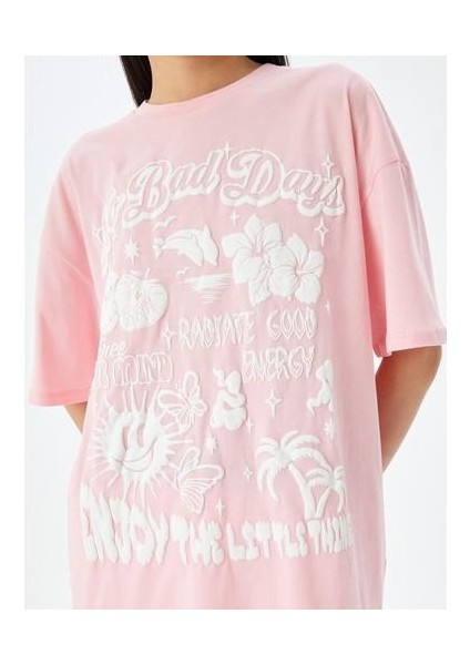 Slogan Baskılı Oversize Bisiklet Yaka Kısa Kollu Tişört