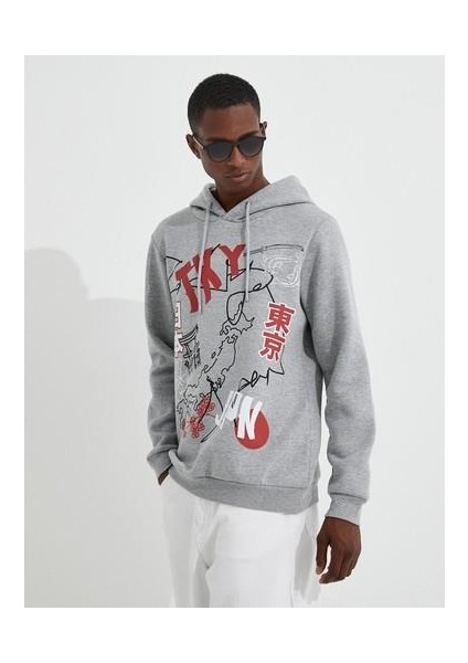 Basic Kapşonlu Sweatshirt Şardonlu Slogan Baskılı Uzun Kollu