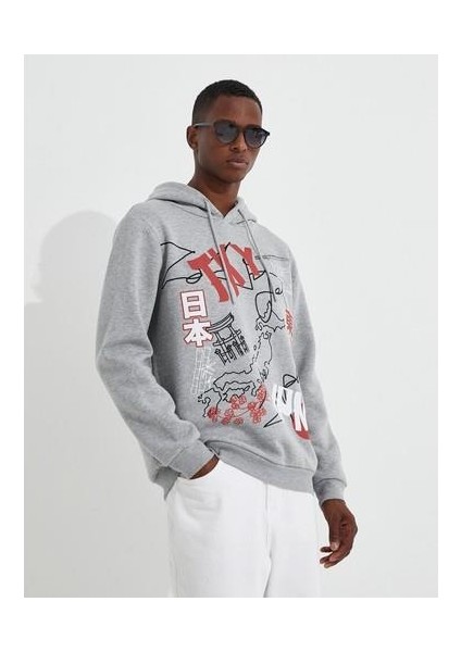 Basic Kapşonlu Sweatshirt Şardonlu Slogan Baskılı Uzun Kollu