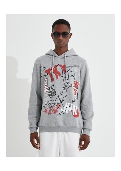 Basic Kapşonlu Sweatshirt Şardonlu Slogan Baskılı Uzun Kollu