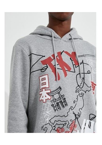 Basic Kapşonlu Sweatshirt Şardonlu Slogan Baskılı Uzun Kollu