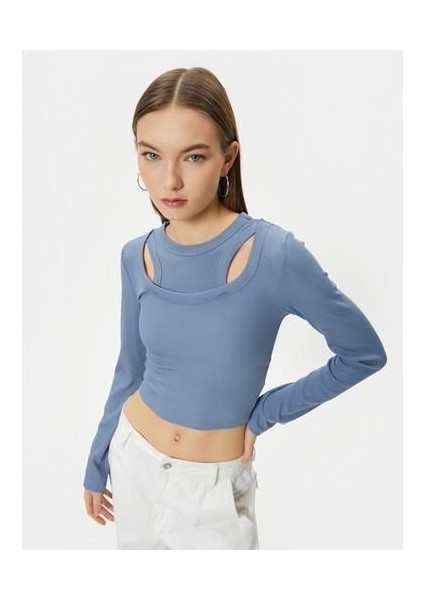 Çift Yaka Detaylı Tişört Uzun Kollu Ribanalı