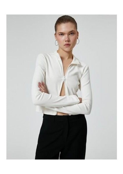 Fermuarlı Triko Hırka Dik Yaka Kaşkorse Uzun Kollu