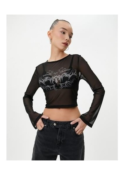 Tül Crop T-Shirt Baskılı Uzun Kollu Bisiklet Yaka