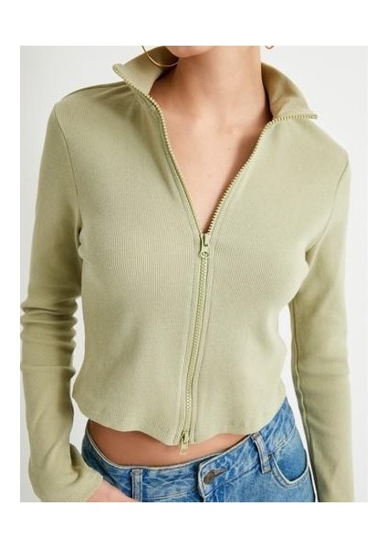 Fermuarlı Triko Hırka Dik Yaka Kaşkorse Uzun Kollu
