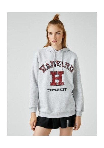 Oversize Kolej Sweatshirt Kapüşonlu Baskılı Harvard Lisanslı