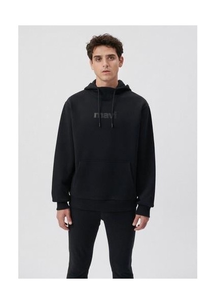 Erkek Mavi Baskılı Kapüşonlu Siyah Sweatshirt 0610960-900