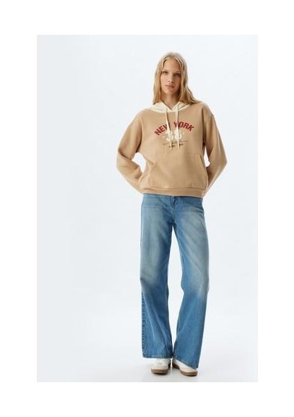 Kolej Sweatshirt Kapüşonlu Baskılı Kanguru Cepli Rahat Kalıp