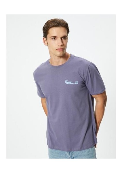 Slogan Baskılı Tişört Kısa Kollu Bisiklet Yaka Pamuklu