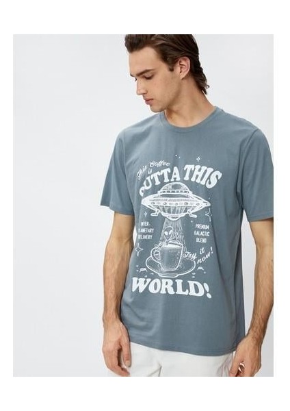 Baskılı Tişört Uzay Temalı Bisiklet Yaka Pamuklu