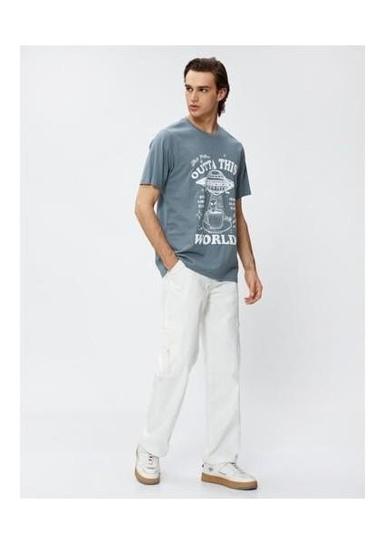 Baskılı Tişört Uzay Temalı Bisiklet Yaka Pamuklu