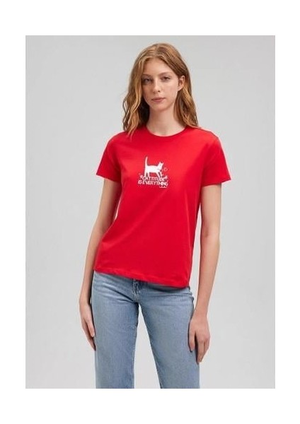 Kedi Baskılı Grafik Kadın Tşört