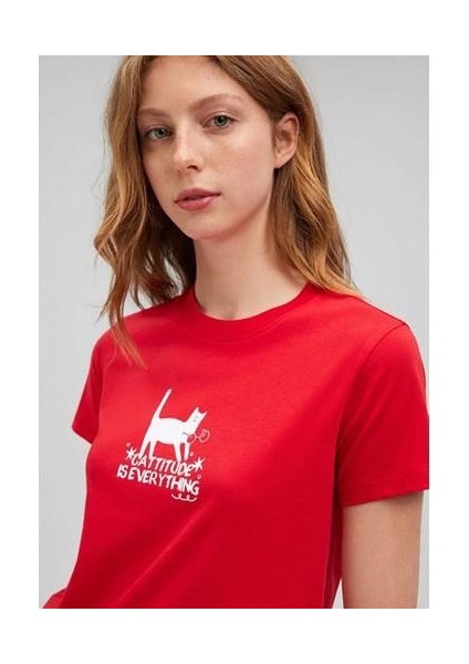 Kedi Baskılı Grafik Kadın Tşört