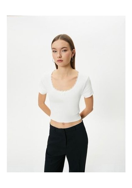 U Yaka Basic Crop Tişört Ribanalı Dantel Detaylı Kısa Kollu Pamuklu