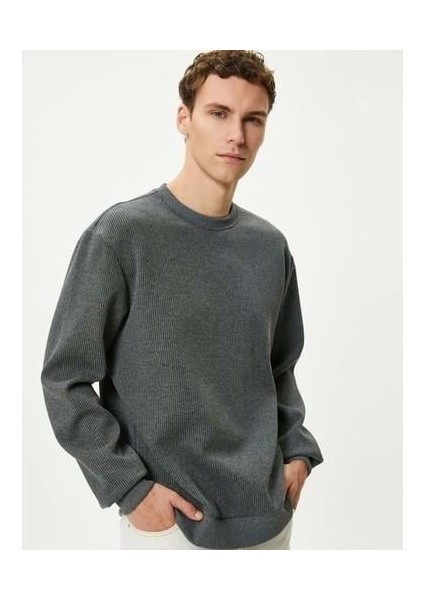 Basic Kazak Bisiklet Yaka Dokulu Uzun Kollu