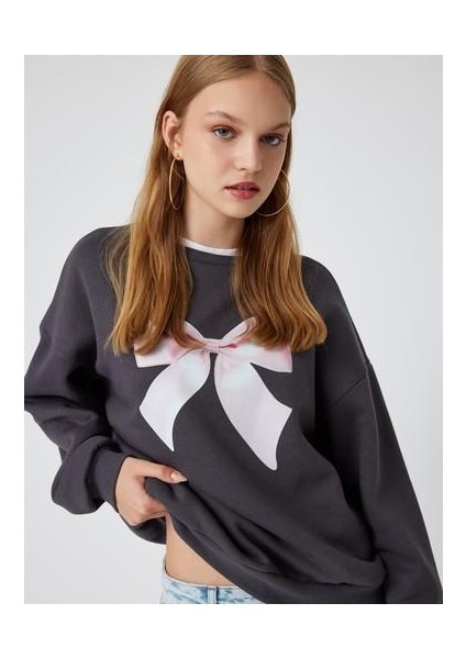 Oversize Sweatshirt Fiyonk Baskılı Bisiklet Yaka Şardonlu