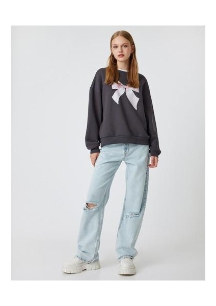 Oversize Sweatshirt Fiyonk Baskılı Bisiklet Yaka Şardonlu