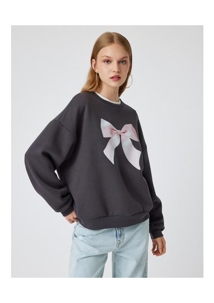 Oversize Sweatshirt Fiyonk Baskılı Bisiklet Yaka Şardonlu