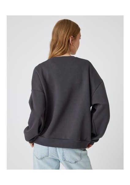 Oversize Sweatshirt Fiyonk Baskılı Bisiklet Yaka Şardonlu