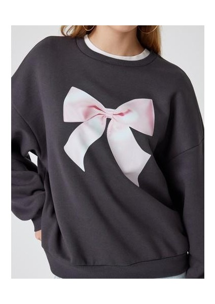 Oversize Sweatshirt Fiyonk Baskılı Bisiklet Yaka Şardonlu