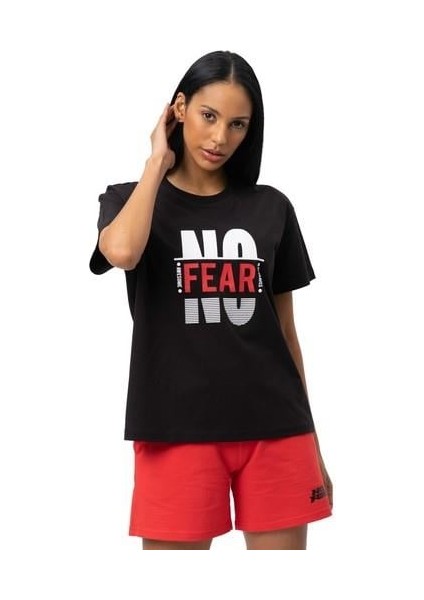Siyah Baskılı Bisiklet Yaka Kısa Kollu Kadın T-shirt W50063 indirimleri