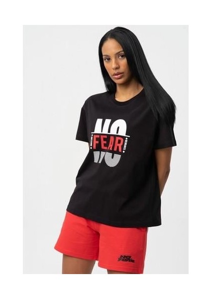 Siyah Baskılı Bisiklet Yaka Kısa Kollu Kadın T-shirt W50063