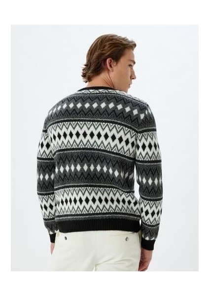 Triko Kazak Bisiklet Yaka Desenli Uzun Kollu