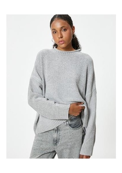 Basic Triko Kazak Bisiklet Yaka Uzun Kollu Düşük Omuzlu