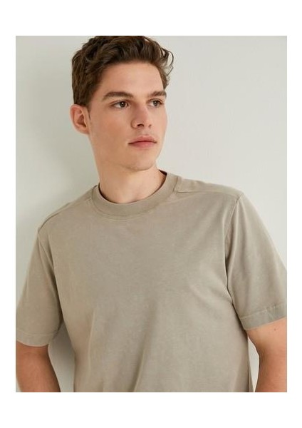 Yıkamalı Tişört Bisiklet Yaka Kısa Kollu Pamuklu